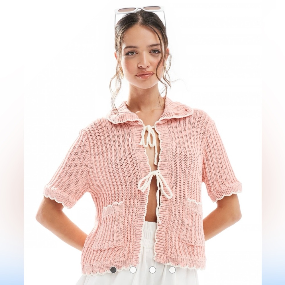 ASOS Design Pink Knit Crocheted Front Tie Women's Cotton Blend Sweater Sz S